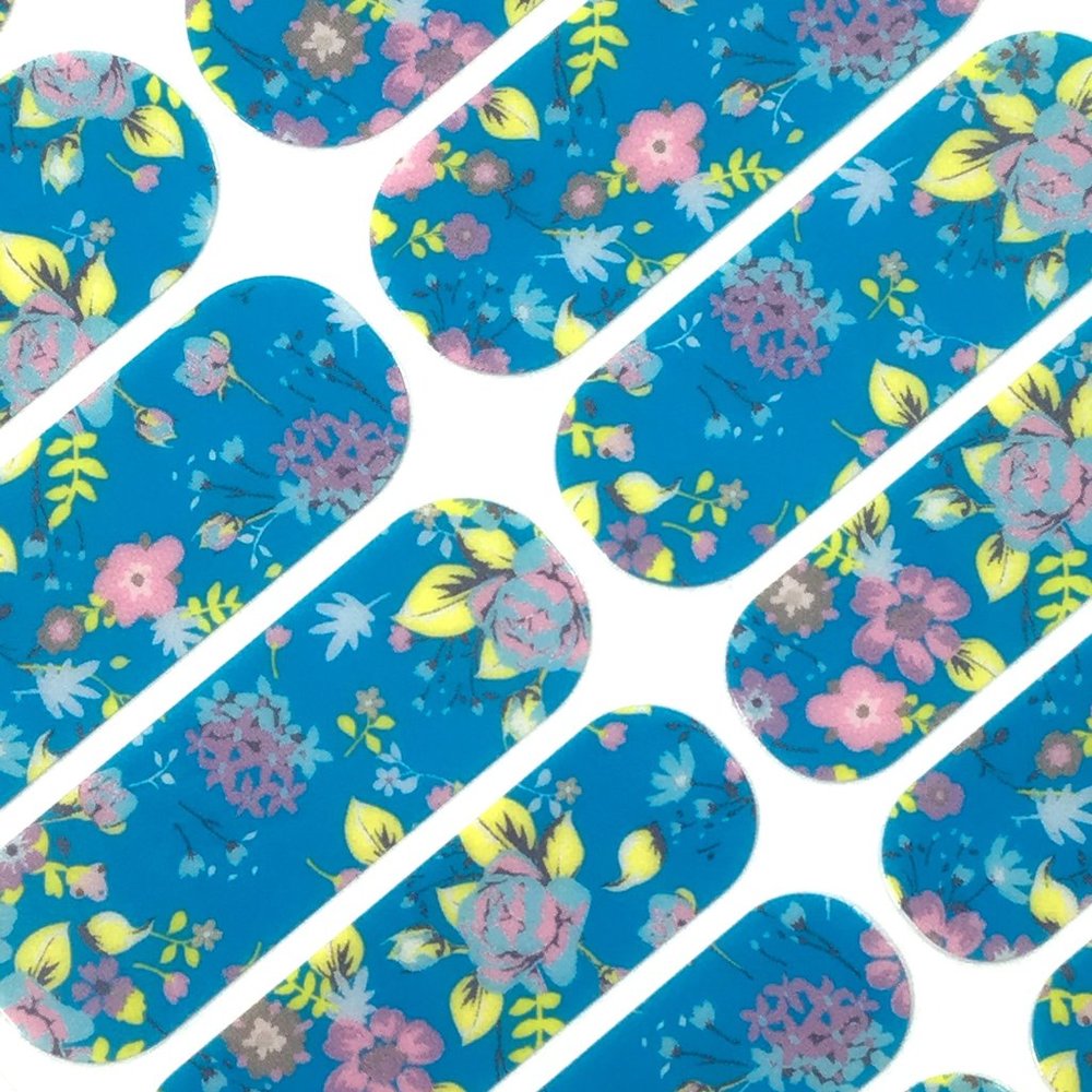 Jamberry Bright Blue Floral Nail Wraps, HE, Full